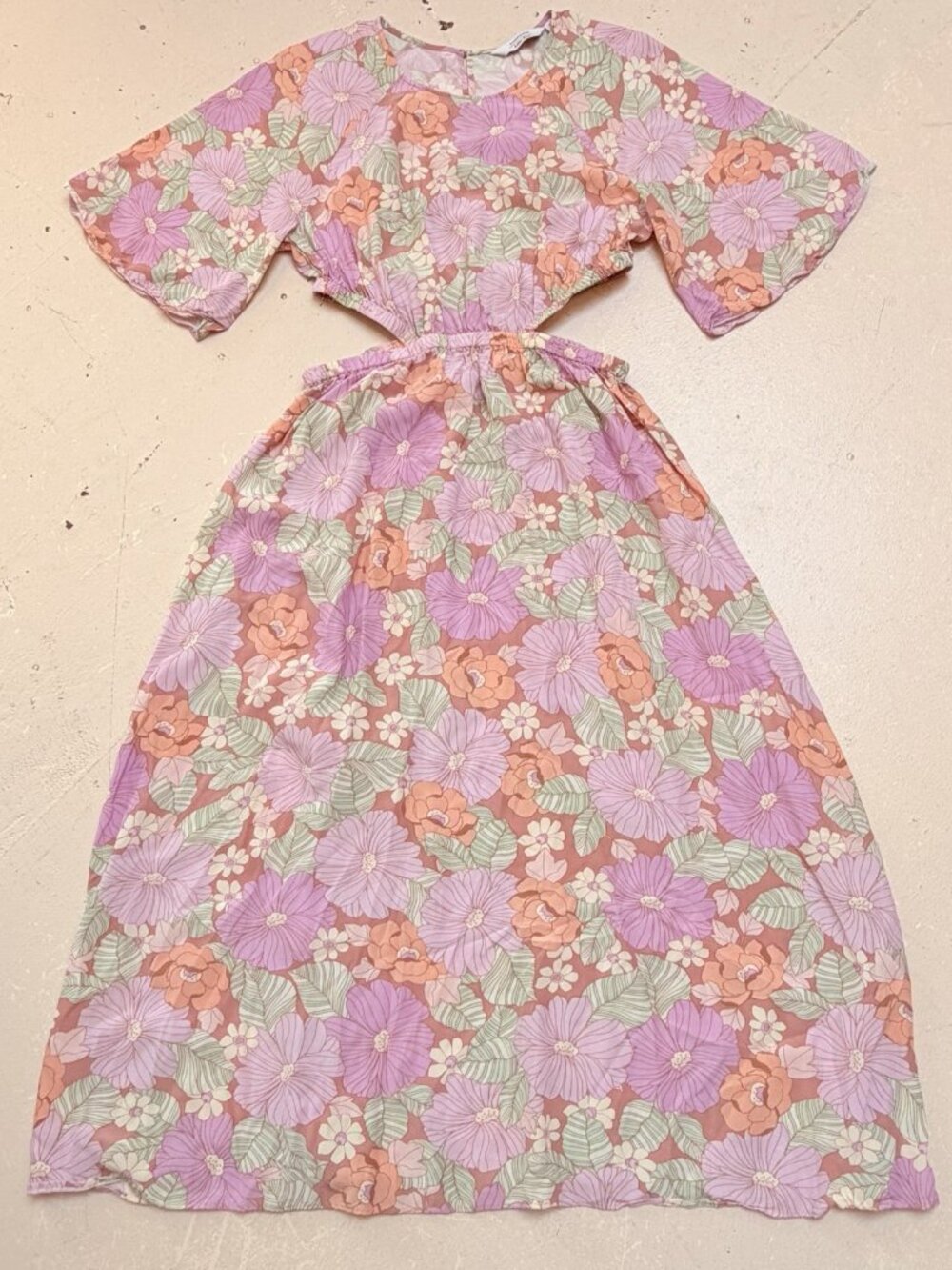 & Other Stories Cut Out Waist Pink Floral Flutter Midi Dress Womens 8 Cottage